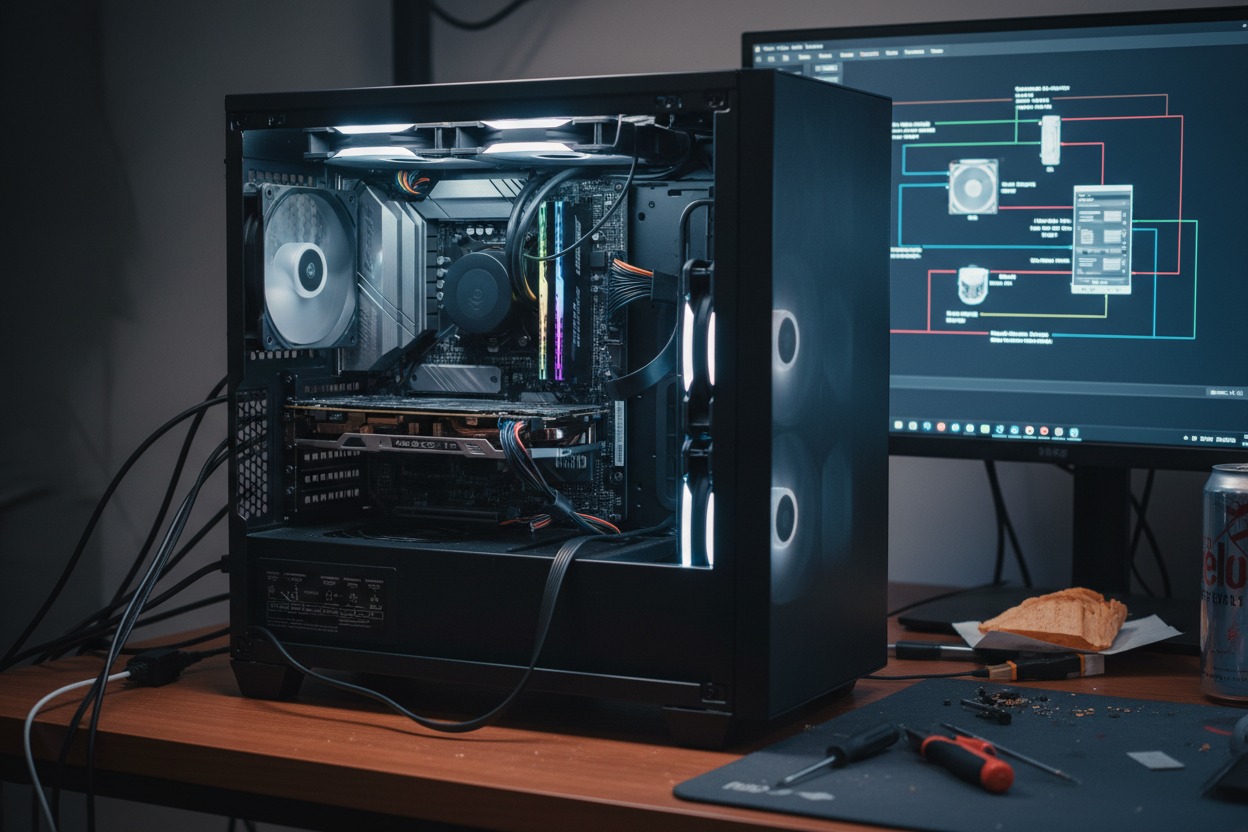 A desktop computer with an open black case sits on a wooden desk next to a monitor displaying a flowchart.