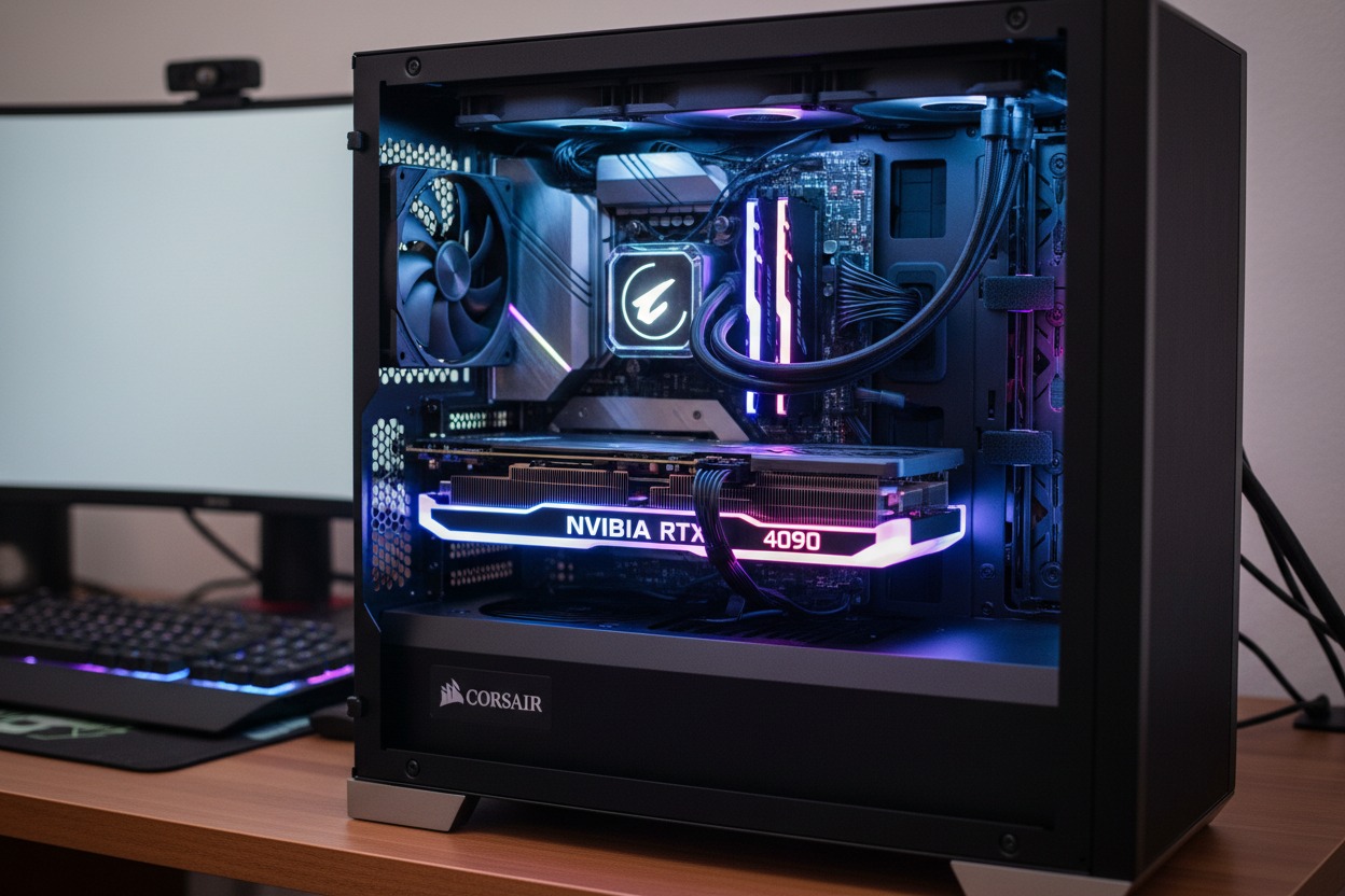 A custom gaming PC with glowing purple and blue interior components sits on a desk next to a monitor and keyboard.